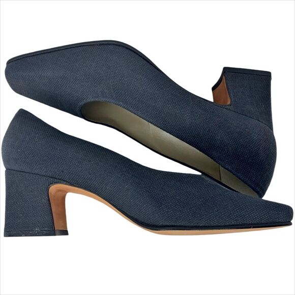 Nine West Block Heel Square Toe High Heeled Shoes Pumps 7 Navy Blue Fabric Upper - Picture 3 of 9